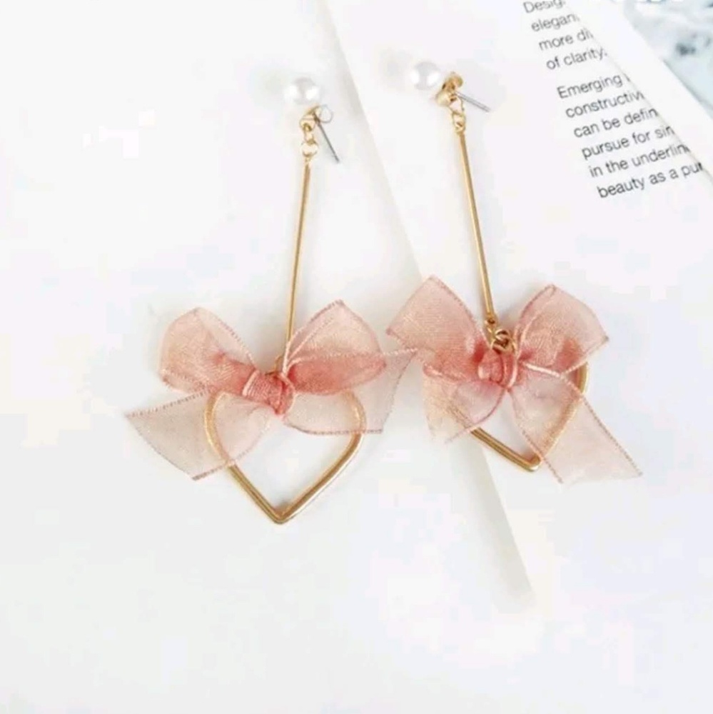 Pink Lace Bowknot Gold Stud Tassel Earrings♡NEW